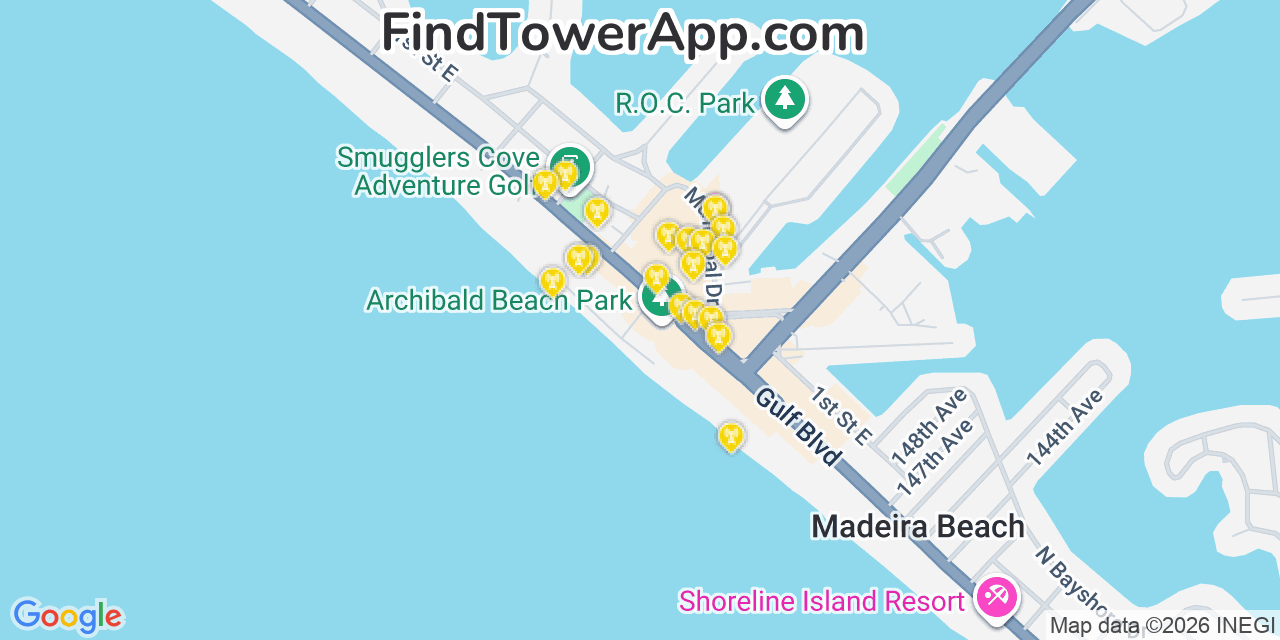 Map showing the 20 primary cell tower locations detected in Redington Beach, Florida from AT&T, Verizon, and T-Mobile networks