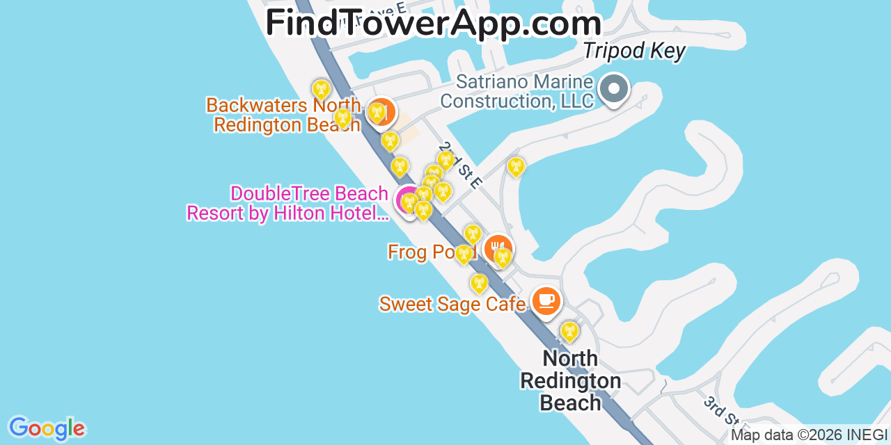 Map showing the 20 primary cell tower locations detected in Redington Shores, Florida from AT&T, Verizon, and T-Mobile networks