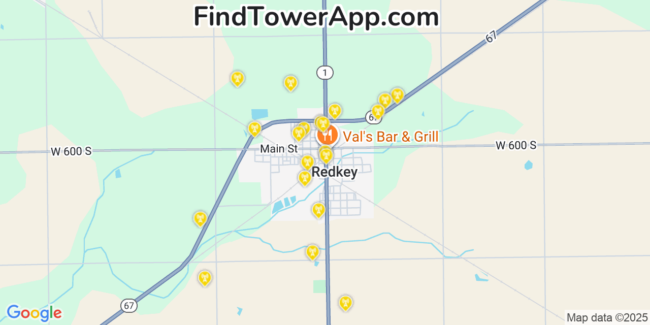 Map showing the 20 primary cell tower locations detected in Redkey, Indiana from AT&T, Verizon, and T-Mobile networks