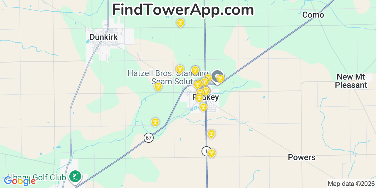Map showing the 20 primary cell tower locations detected in Redkey, Indiana from AT&T, Verizon, and T-Mobile networks