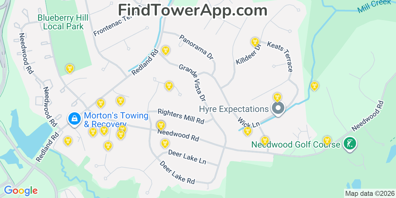 Map showing the 20 primary cell tower locations detected in Redland, Maryland from AT&T, Verizon, and T-Mobile networks