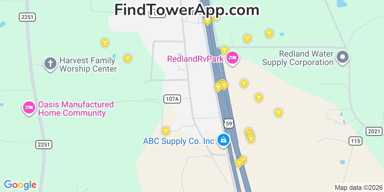 Map showing the 20 primary cell tower locations detected in Redland, Texas from AT&T, Verizon, and T-Mobile networks