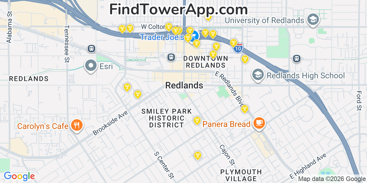 Map showing the 20 primary cell tower locations detected in Redlands, California from AT&T, Verizon, and T-Mobile networks