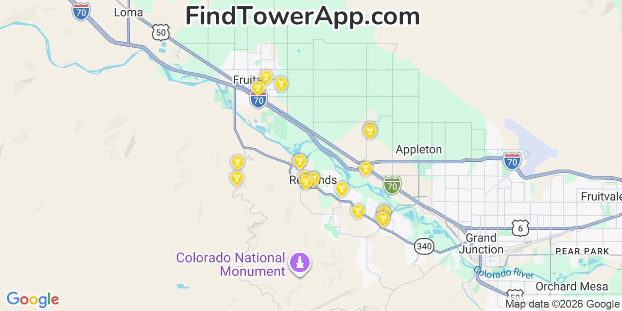 Map showing the 20 primary cell tower locations detected in Redlands, Colorado from AT&T, Verizon, and T-Mobile networks