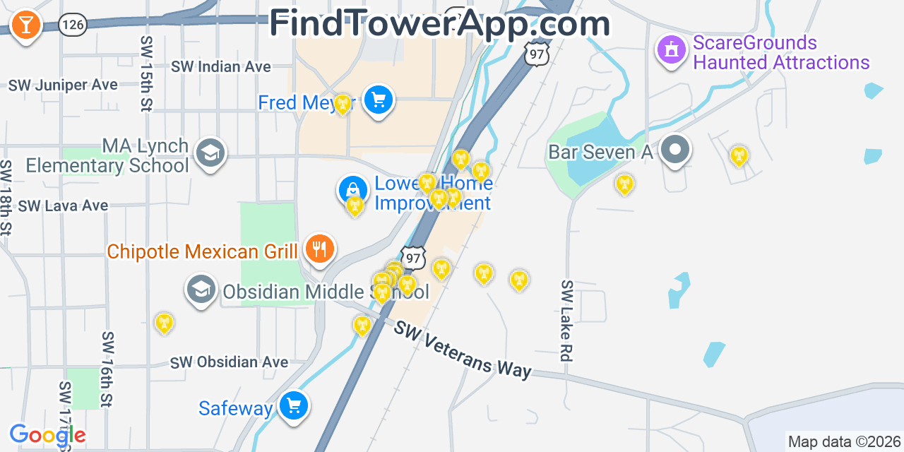 Map showing the 20 primary cell tower locations detected in Redmond, Oregon from AT&T, Verizon, and T-Mobile networks
