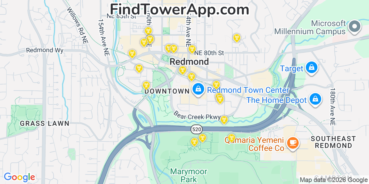 Map showing the 20 primary cell tower locations detected in Redmond, Washington from AT&T, Verizon, and T-Mobile networks