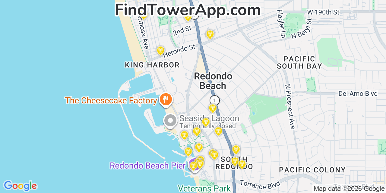Map showing the 20 primary cell tower locations detected in Redondo Beach, California from AT&T, Verizon, and T-Mobile networks