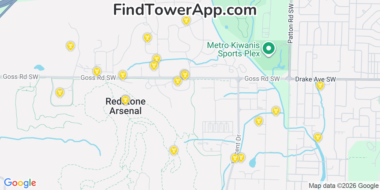 Map showing the 20 primary cell tower locations detected in Redstone Arsenal, Alabama from AT&T, Verizon, and T-Mobile networks