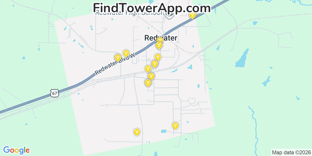 Map showing the 20 primary cell tower locations detected in Redwater, Texas from AT&T, Verizon, and T-Mobile networks