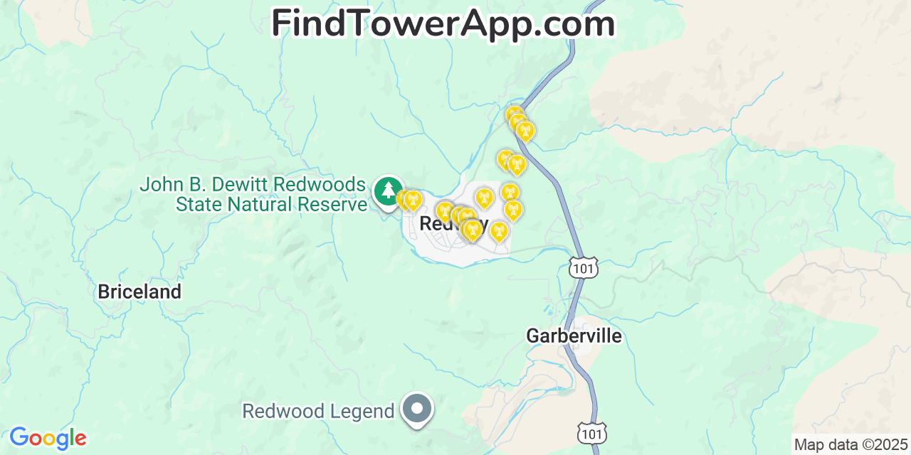 Map showing the 20 primary cell tower locations detected in Redway, California from AT&T, Verizon, and T-Mobile networks