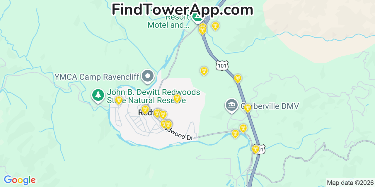 Map showing the 20 primary cell tower locations detected in Redway, California from AT&T, Verizon, and T-Mobile networks
