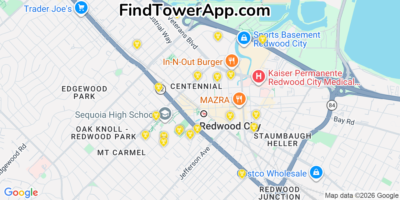 Map showing the 20 primary cell tower locations detected in Redwood City, California from AT&T, Verizon, and T-Mobile networks