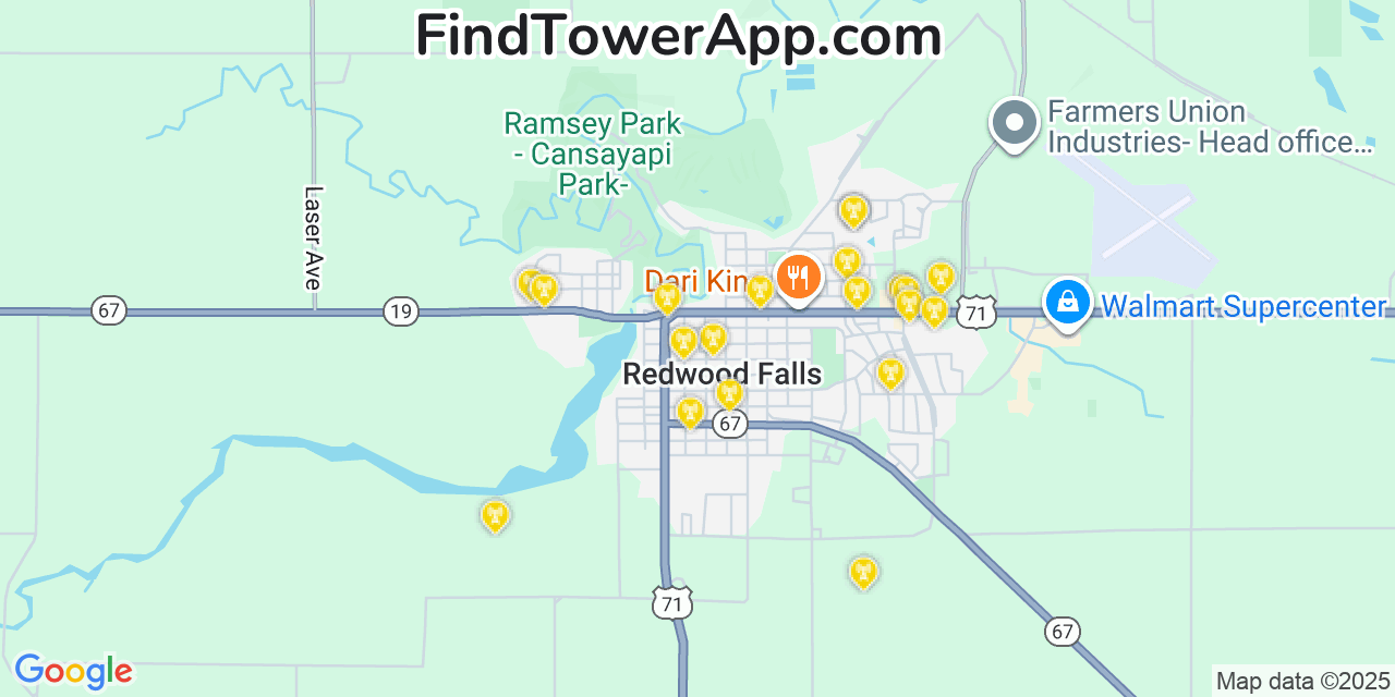 Map showing the 20 primary cell tower locations detected in Redwood Falls, Minnesota from AT&T, Verizon, and T-Mobile networks