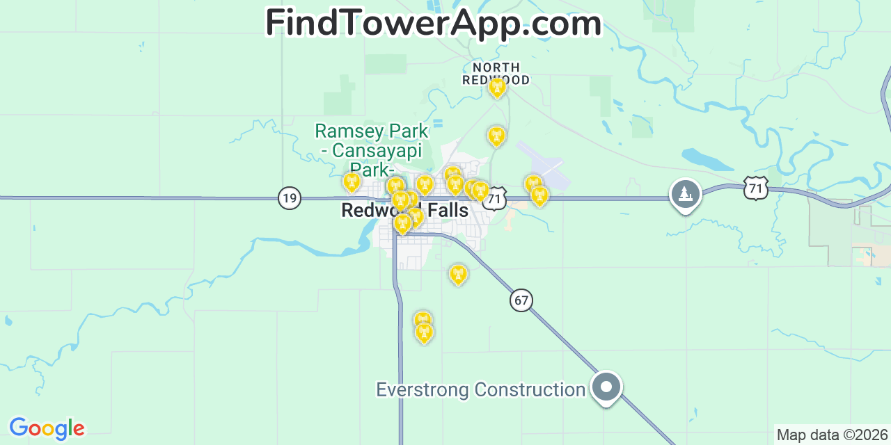 Map showing the 20 primary cell tower locations detected in Redwood Falls, Minnesota from AT&T, Verizon, and T-Mobile networks