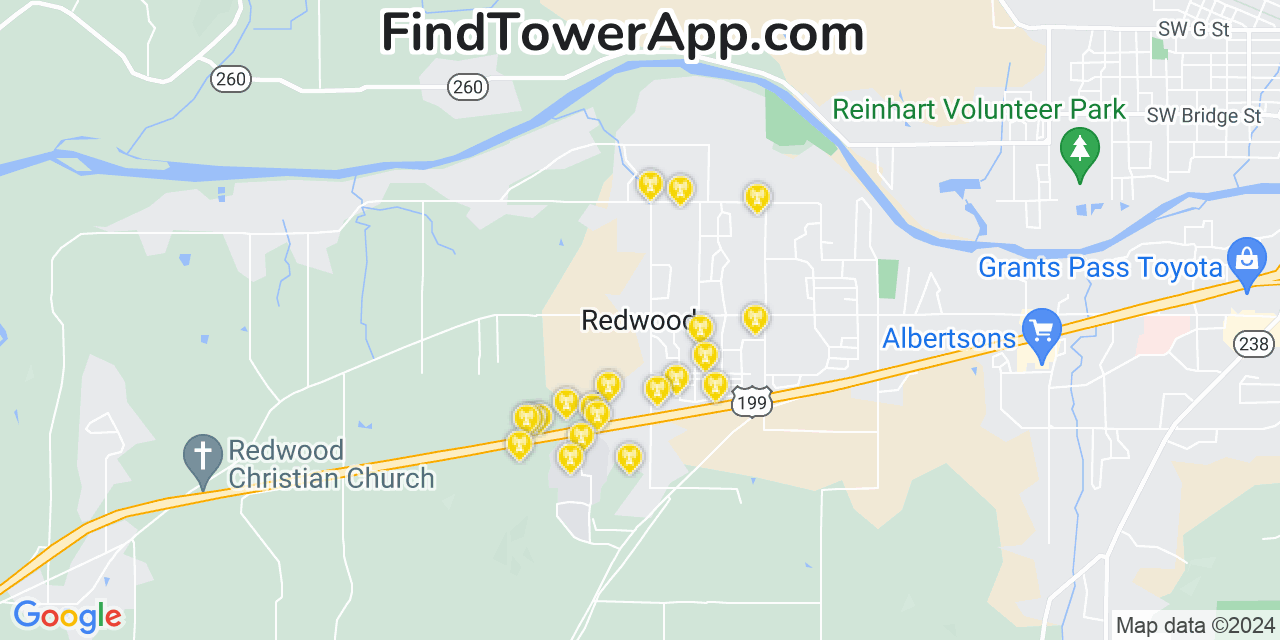 AT&T 4G/5G cell tower coverage map Redwood, Oregon