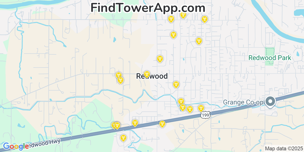 Map showing the 20 primary cell tower locations detected in Redwood, Oregon from AT&T, Verizon, and T-Mobile networks