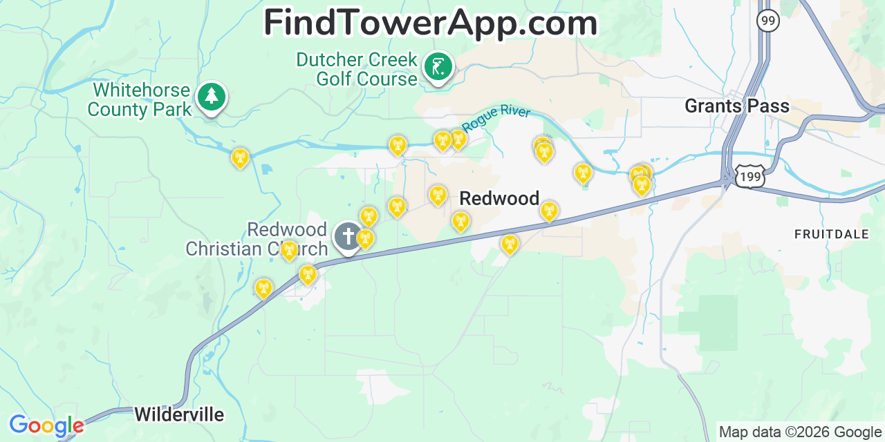 Map showing the 20 primary cell tower locations detected in Redwood, Oregon from AT&T, Verizon, and T-Mobile networks