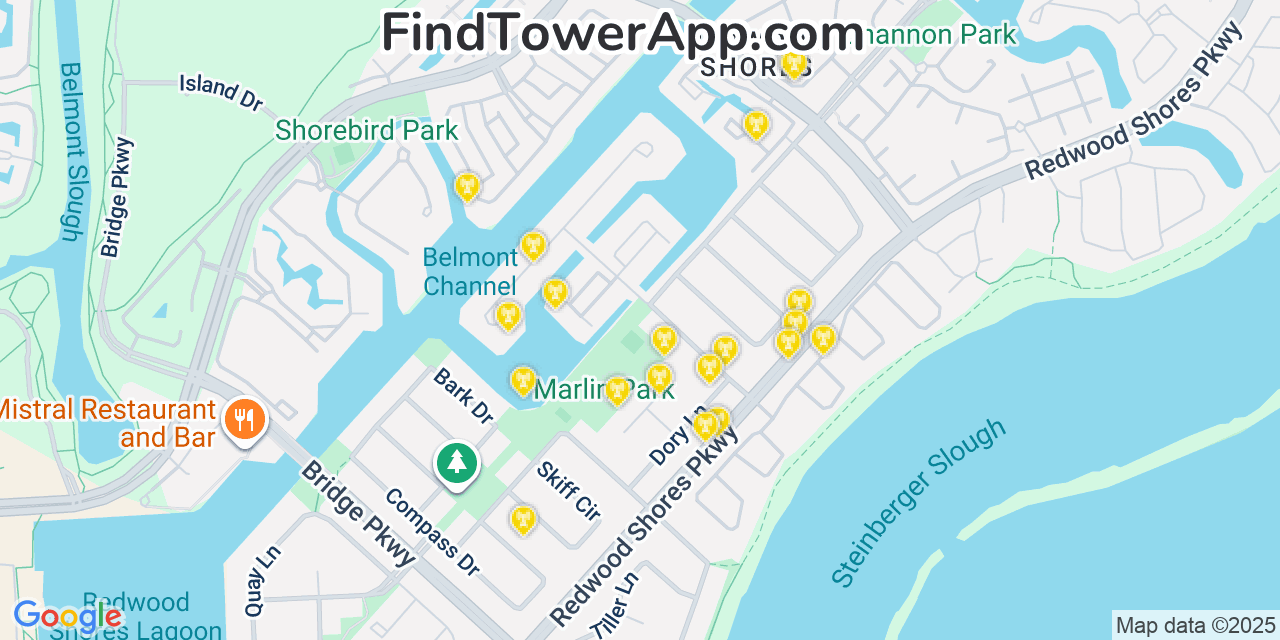 Map showing the 20 primary cell tower locations detected in Redwood Shores, California from AT&T, Verizon, and T-Mobile networks