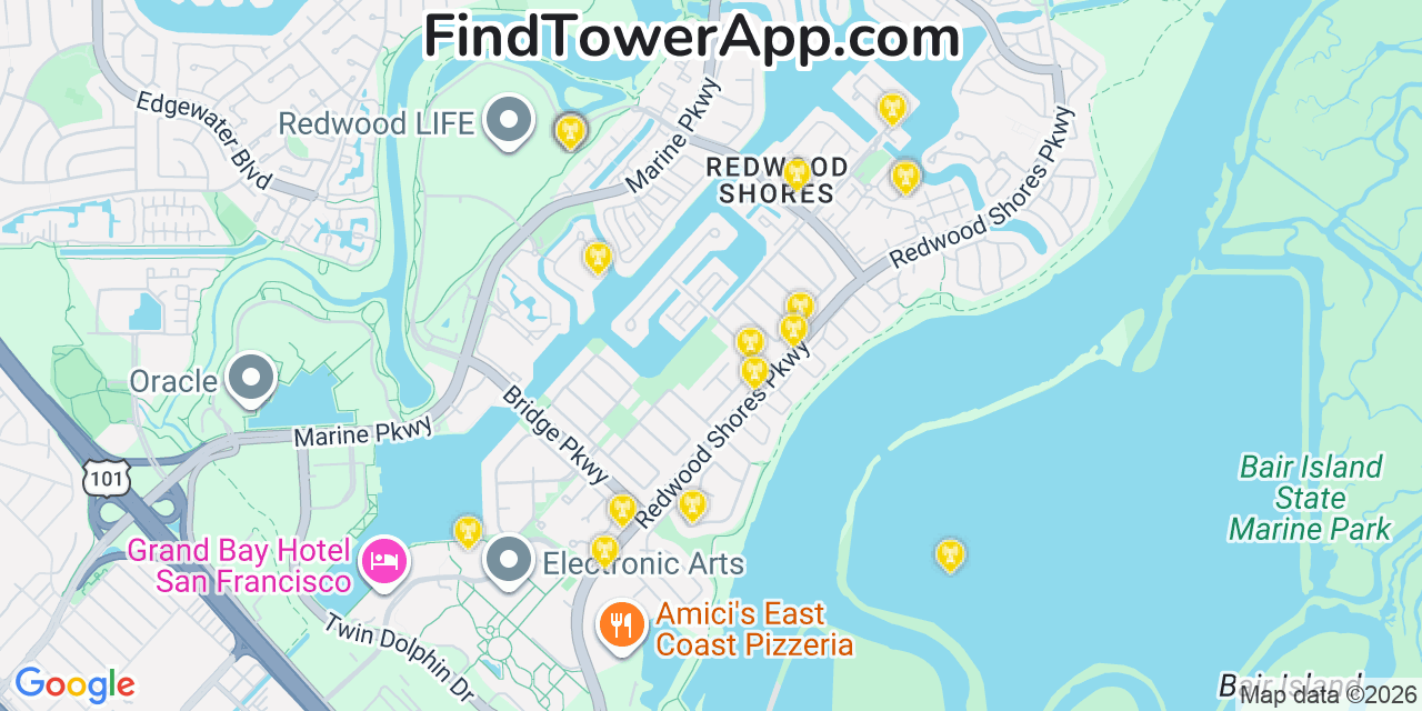 Map showing the 20 primary cell tower locations detected in Redwood Shores, California from AT&T, Verizon, and T-Mobile networks