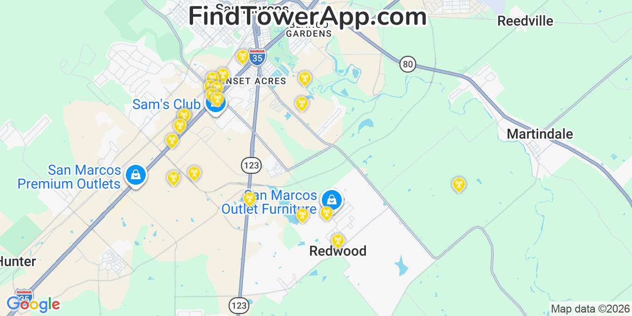 Map showing the 20 primary cell tower locations detected in Redwood, Texas from AT&T, Verizon, and T-Mobile networks