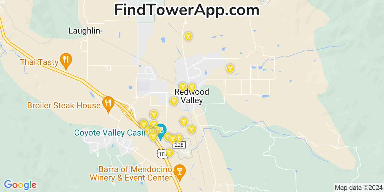 AT&T 4G/5G cell tower coverage map Redwood Valley, California