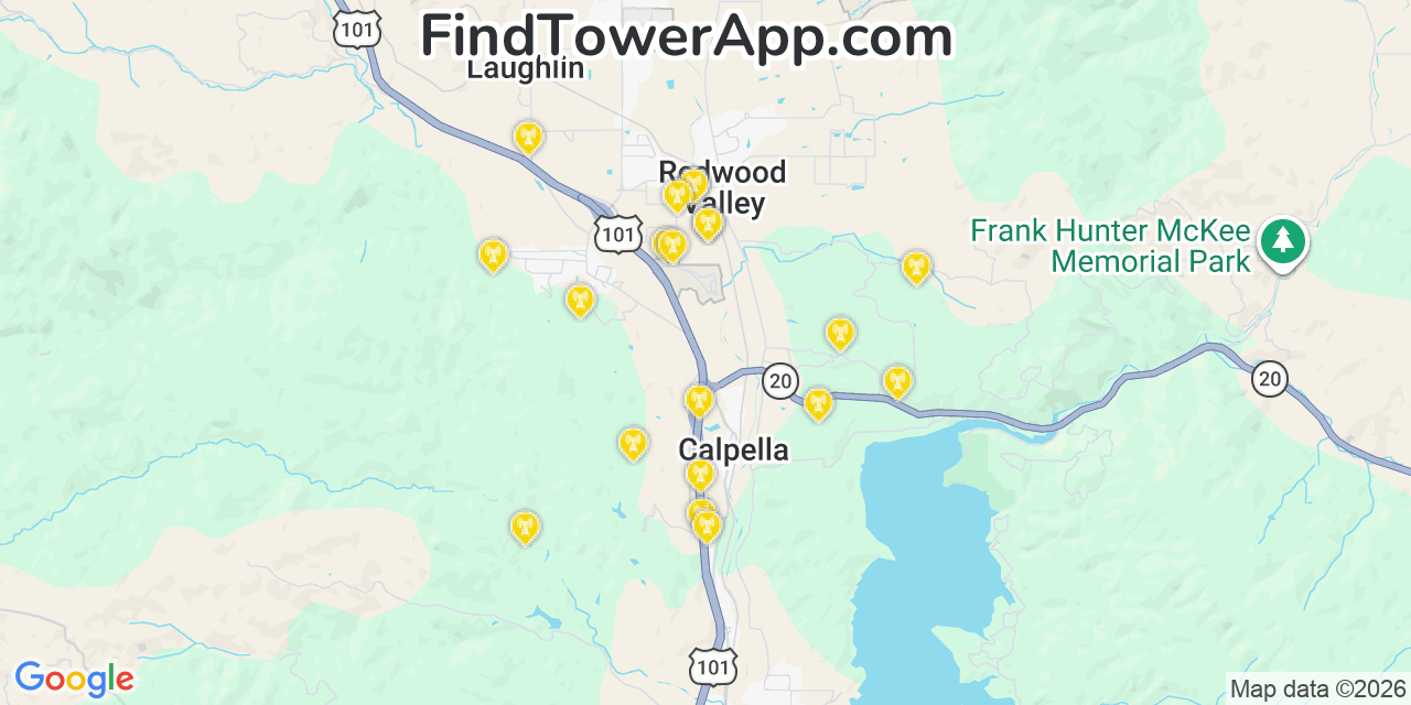 Map showing the 20 primary cell tower locations detected in Redwood Valley, California from AT&T, Verizon, and T-Mobile networks