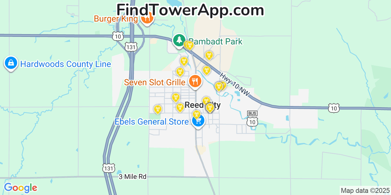 Map showing the 20 primary cell tower locations detected in Reed City, Michigan from AT&T, Verizon, and T-Mobile networks