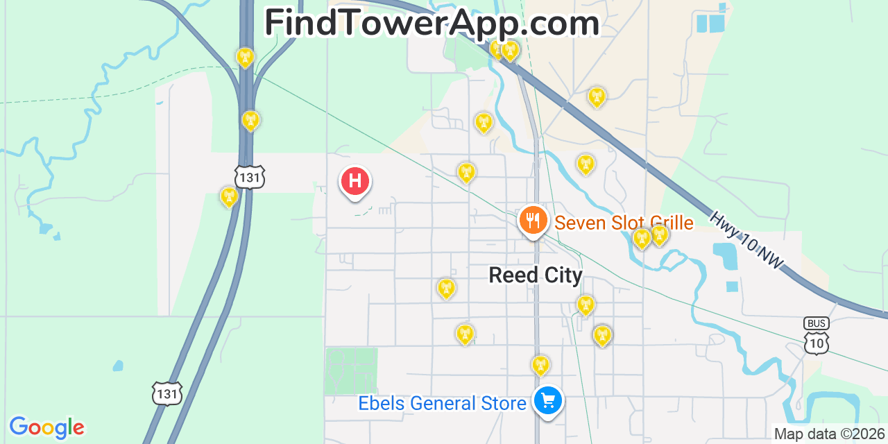 Map showing the 20 primary cell tower locations detected in Reed City, Michigan from AT&T, Verizon, and T-Mobile networks