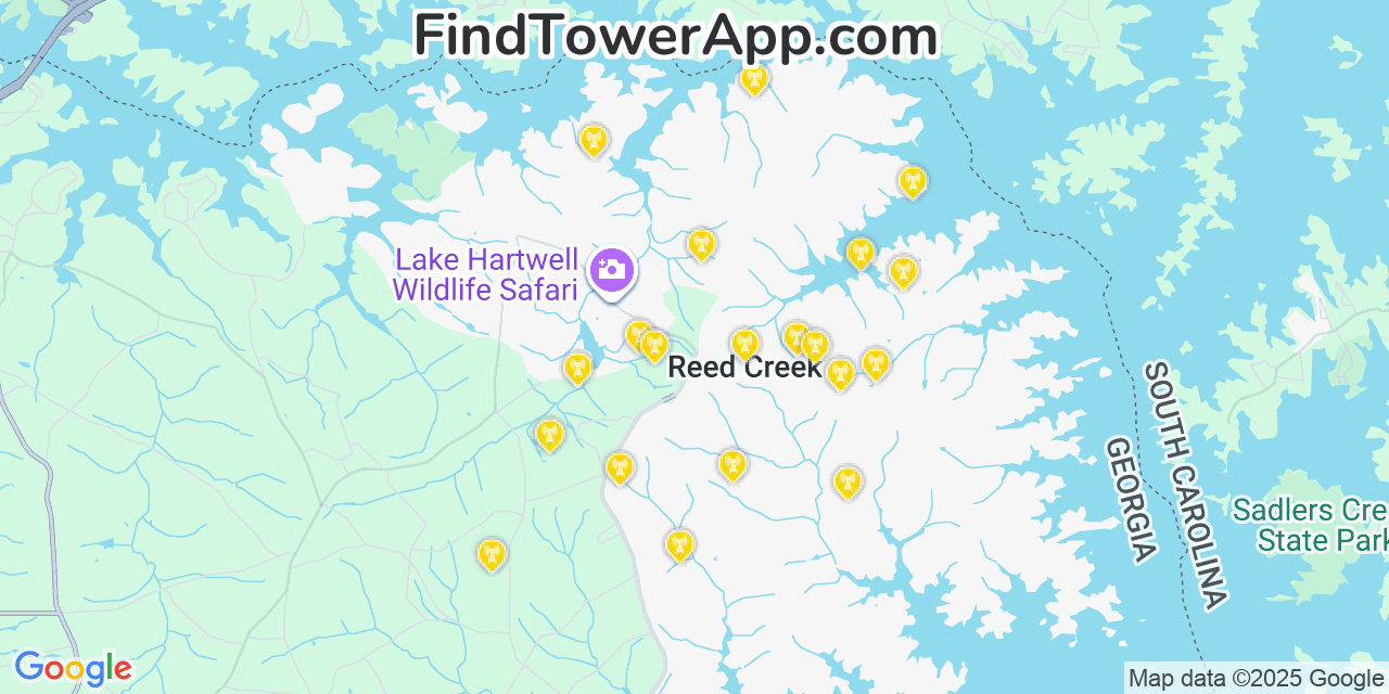 Map showing the 20 primary cell tower locations detected in Reed Creek, Georgia from AT&T, Verizon, and T-Mobile networks