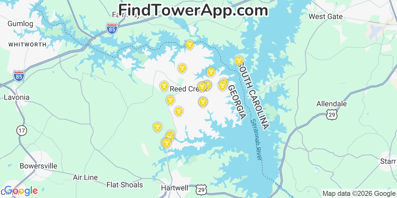 Map showing the 20 primary cell tower locations detected in Reed Creek, Georgia from AT&T, Verizon, and T-Mobile networks