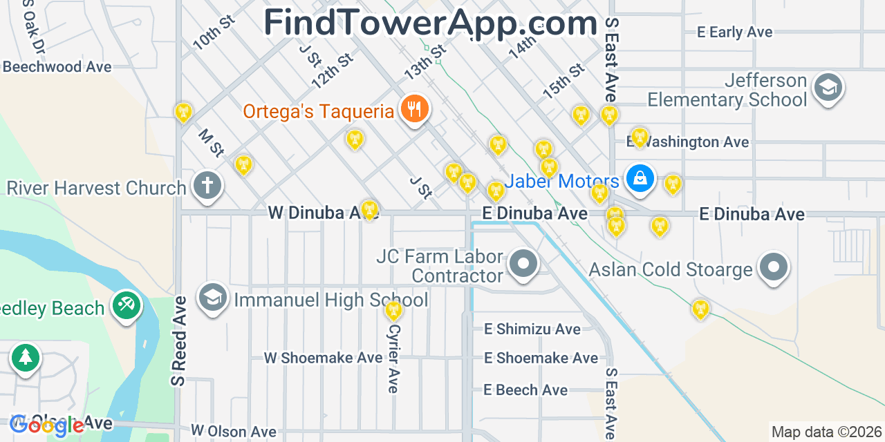 Map showing the 20 primary cell tower locations detected in Reedley, California from AT&T, Verizon, and T-Mobile networks