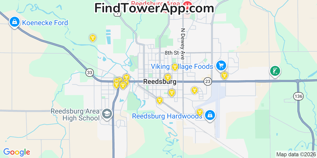 Map showing the 20 primary cell tower locations detected in Reedsburg, Wisconsin from AT&T, Verizon, and T-Mobile networks