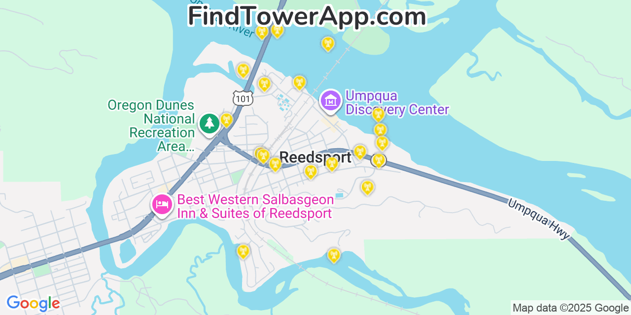Map showing the 20 primary cell tower locations detected in Reedsport, Oregon from AT&T, Verizon, and T-Mobile networks