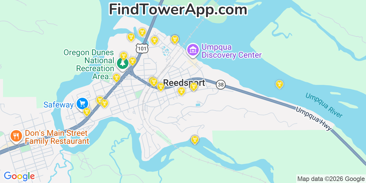 Map showing the 20 primary cell tower locations detected in Reedsport, Oregon from AT&T, Verizon, and T-Mobile networks