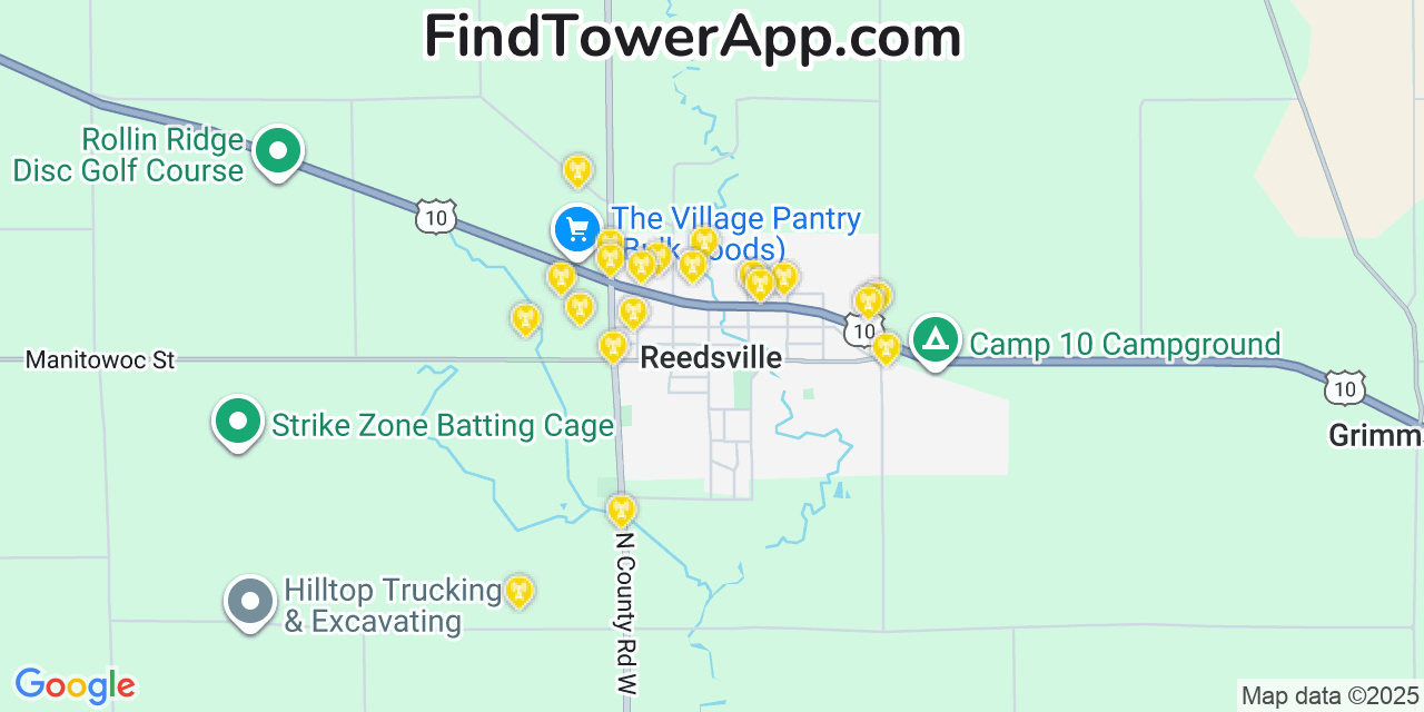 Map showing the 20 primary cell tower locations detected in Reedsville, Wisconsin from AT&T, Verizon, and T-Mobile networks