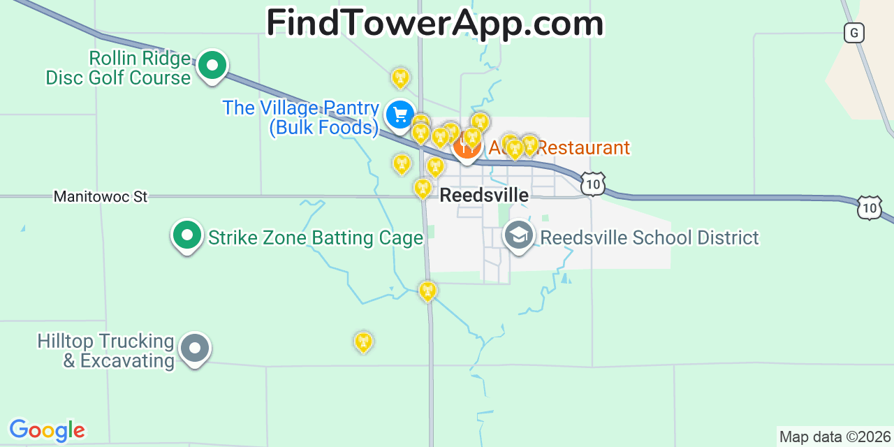 Map showing the 20 primary cell tower locations detected in Reedsville, Wisconsin from AT&T, Verizon, and T-Mobile networks