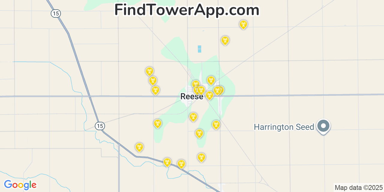Map showing the 20 primary cell tower locations detected in Reese, Michigan from AT&T, Verizon, and T-Mobile networks