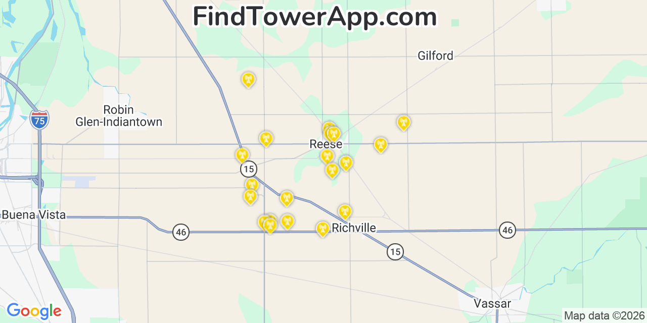 Map showing the 20 primary cell tower locations detected in Reese, Michigan from AT&T, Verizon, and T-Mobile networks