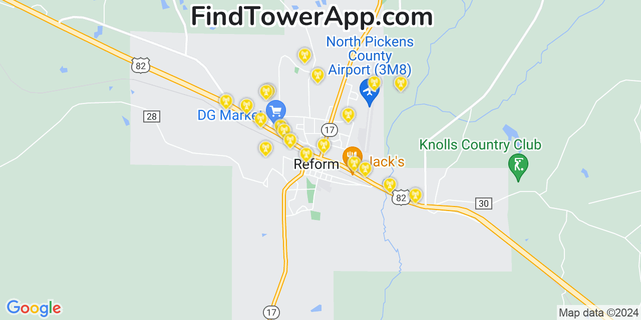 AT&T 4G/5G cell tower coverage map Reform, Alabama