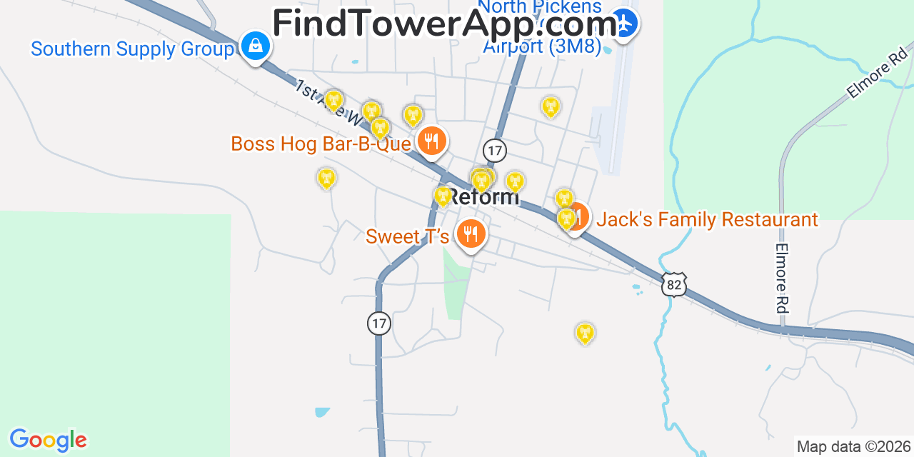 Map showing the 20 primary cell tower locations detected in Reform, Alabama from AT&T, Verizon, and T-Mobile networks