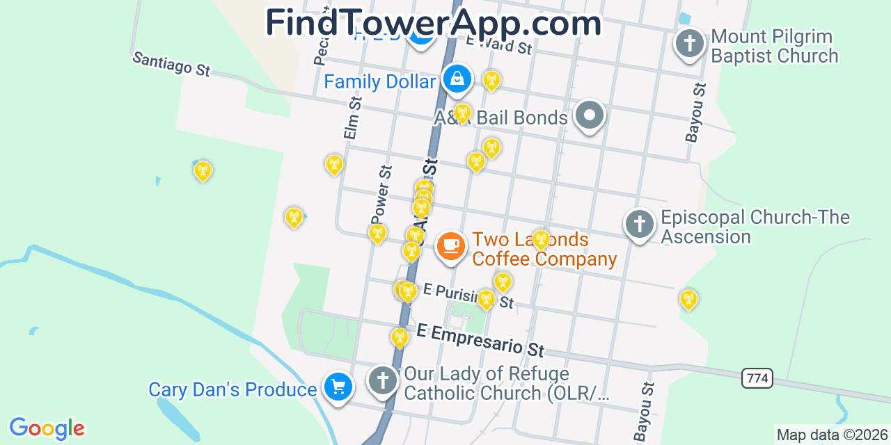 Map showing the 20 primary cell tower locations detected in Refugio, Texas from AT&T, Verizon, and T-Mobile networks