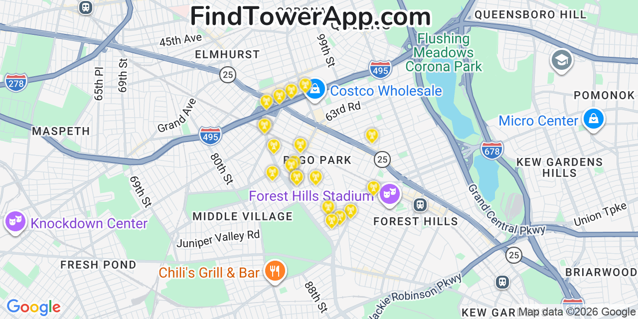 Map showing the 20 primary cell tower locations detected in Rego Park, New York from AT&T, Verizon, and T-Mobile networks