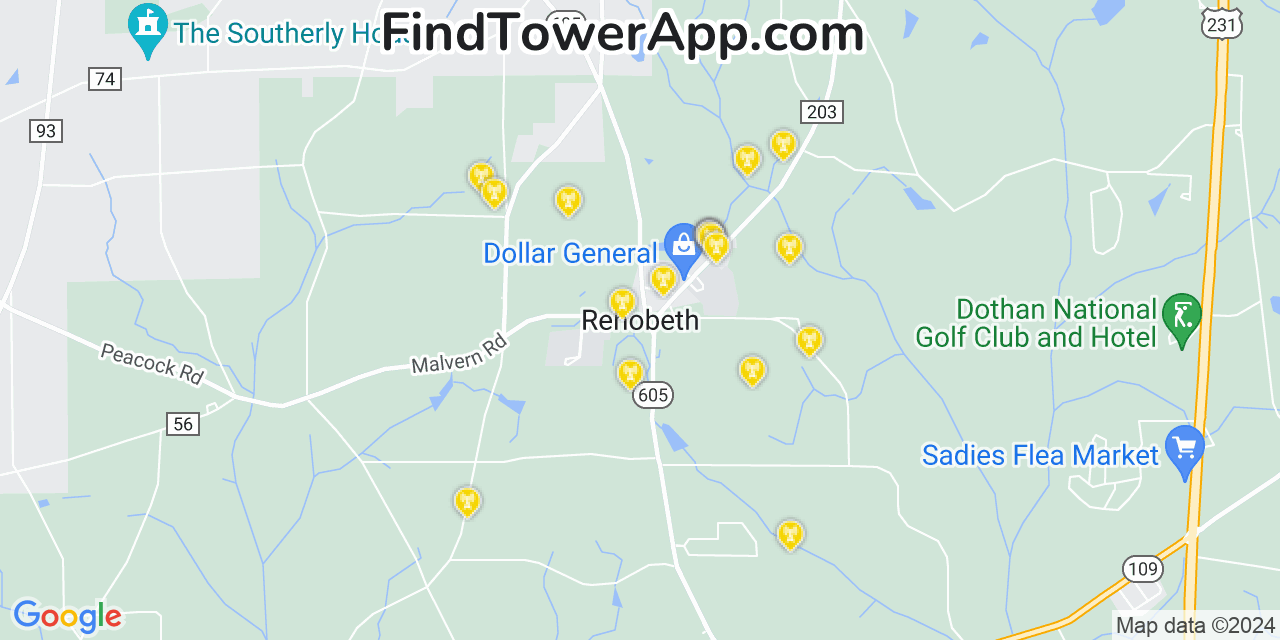 AT&T 4G/5G cell tower coverage map Rehobeth, Alabama