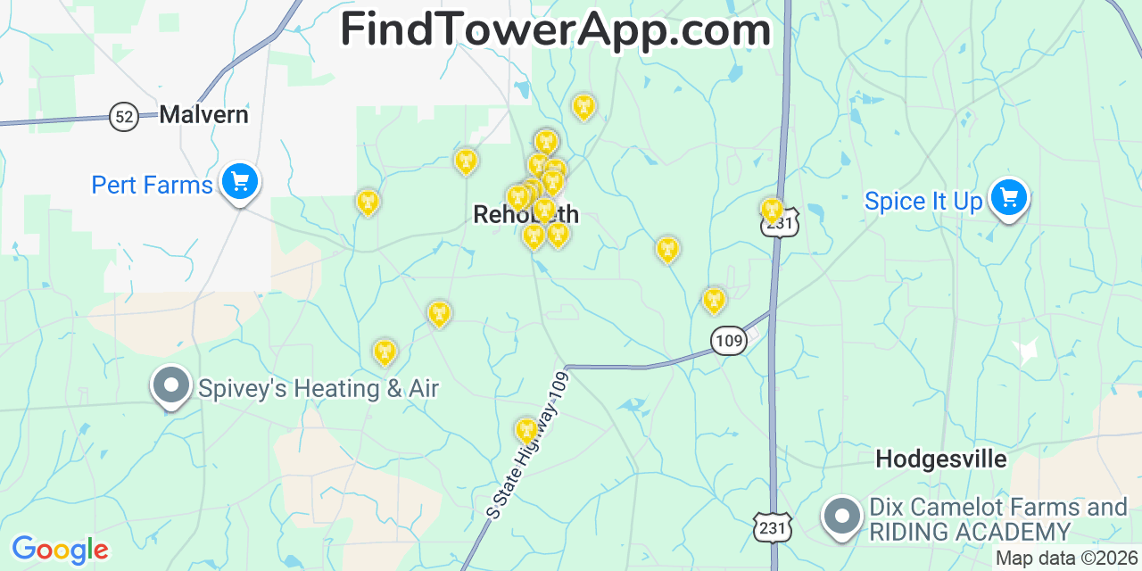 Map showing the 20 primary cell tower locations detected in Rehobeth, Alabama from AT&T, Verizon, and T-Mobile networks