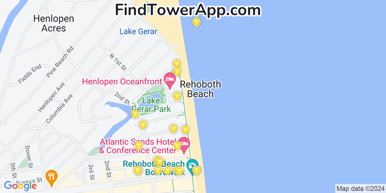 AT&T 4G/5G cell tower coverage map Rehoboth Beach, Delaware