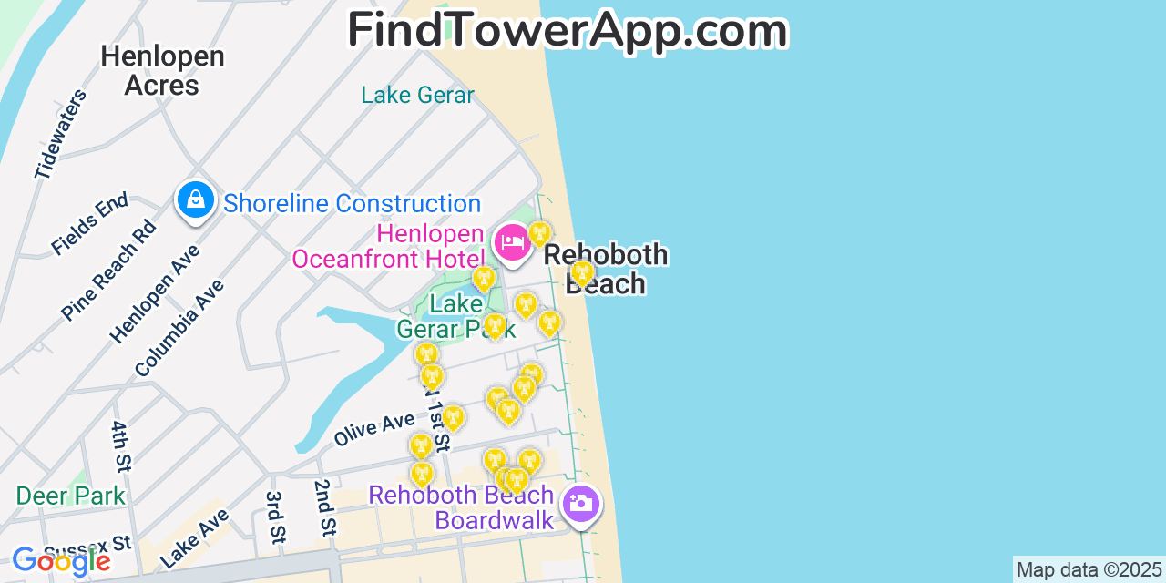 Map showing the 20 primary cell tower locations detected in Rehoboth Beach, Delaware from AT&T, Verizon, and T-Mobile networks