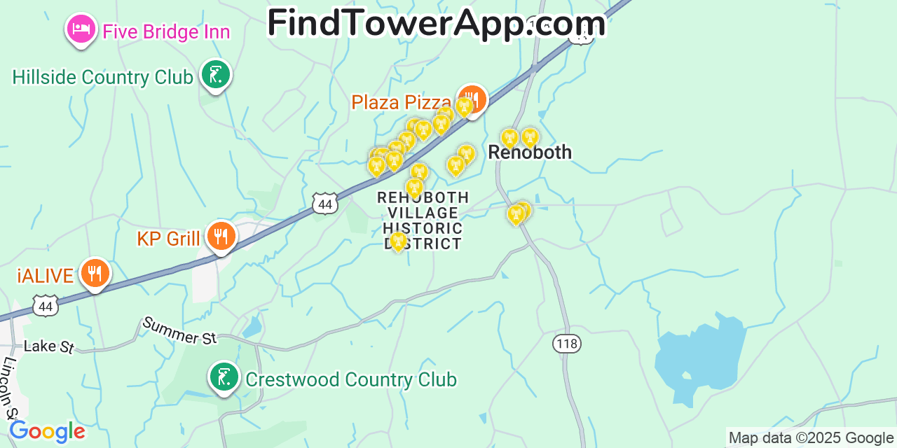 Map showing the 20 primary cell tower locations detected in Rehoboth, Massachusetts from AT&T, Verizon, and T-Mobile networks