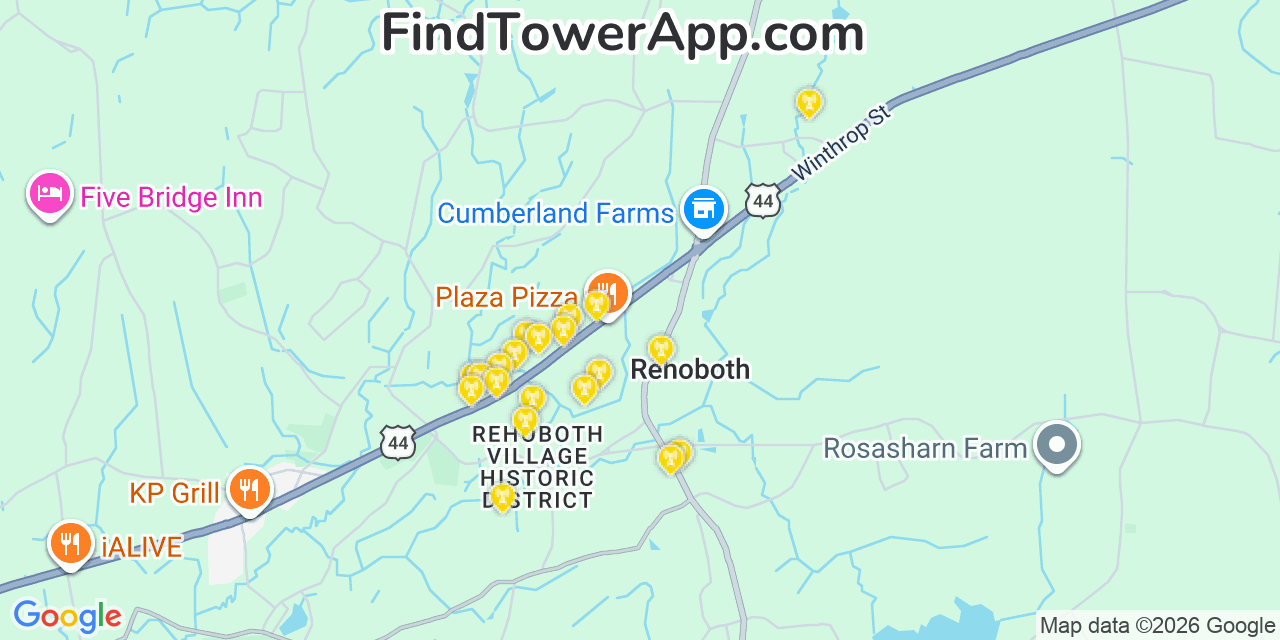 Map showing the 20 primary cell tower locations detected in Rehoboth, Massachusetts from AT&T, Verizon, and T-Mobile networks