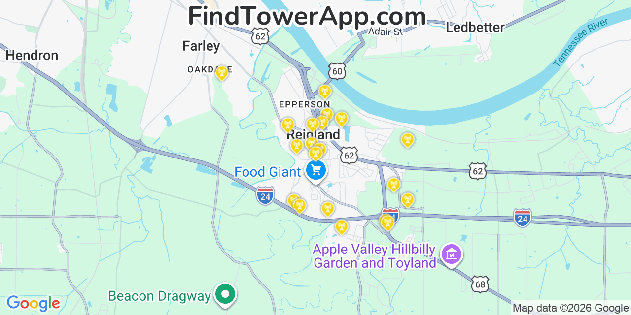 Map showing the 20 primary cell tower locations detected in Reidland, Kentucky from AT&T, Verizon, and T-Mobile networks