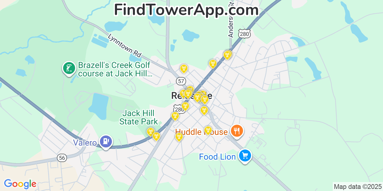 Map showing the 20 primary cell tower locations detected in Reidsville, Georgia from AT&T, Verizon, and T-Mobile networks